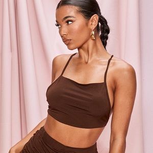 SOLD ON DEPOP Chocolate Brown pant and crop top silky set by Pretty Little Thing
